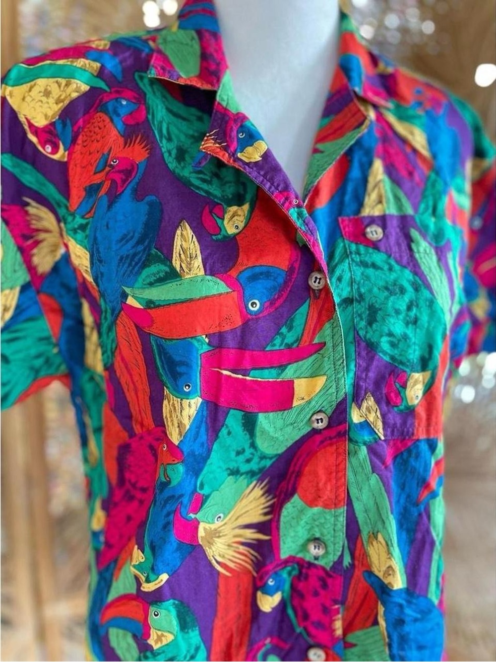 Vintage J.G. Hook Funky Tropical BirdPrint Short Sleeve Button Down Shirt Toucan - Picture 4 of 8